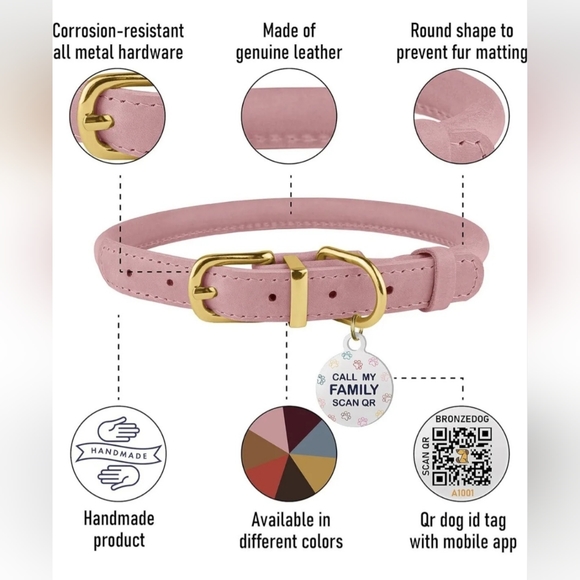 Bronzedog Rolled Leather Blush Dog Collar w/ QR ID Tag. 16"-19 1/2". Brand New. - Picture 2 of 7